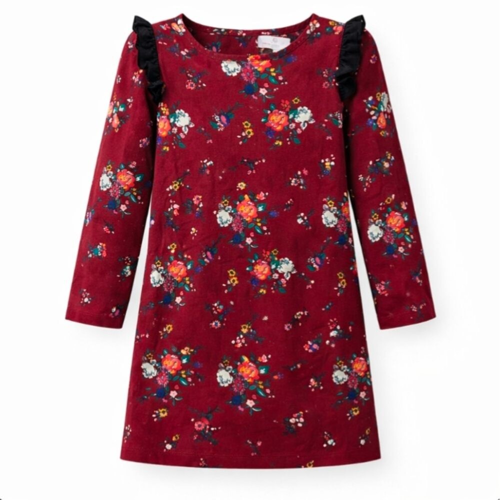 Hanna dark red maroon bordeaux floral shift dress long sleeve girls size 120 6 7